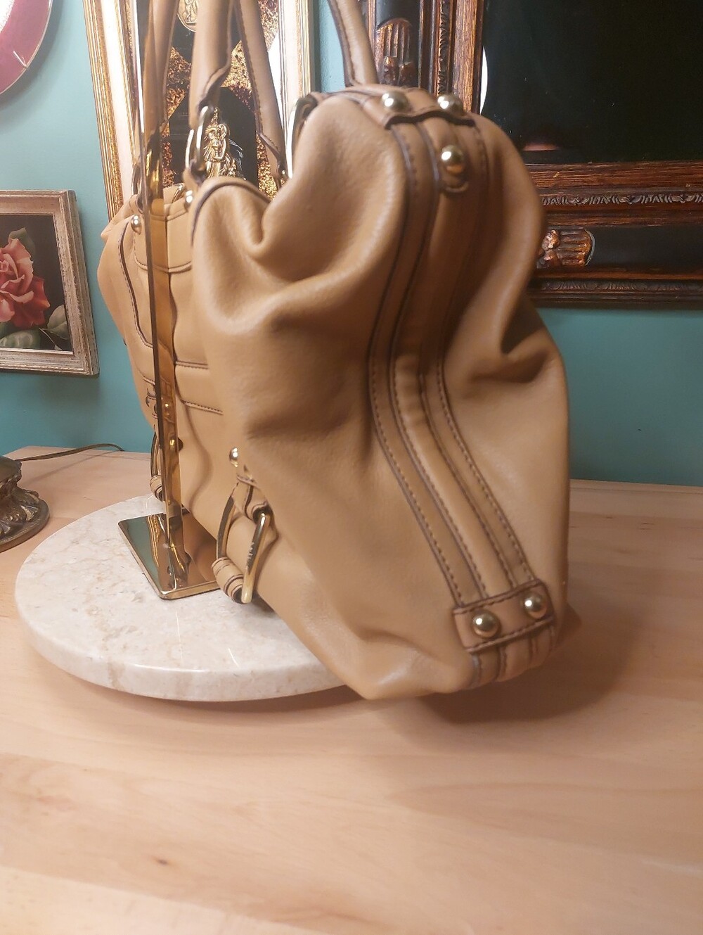 Banana Republic High End Leather Converable Hobo Satchel Camel Color & Brass - Picture 11 of 17